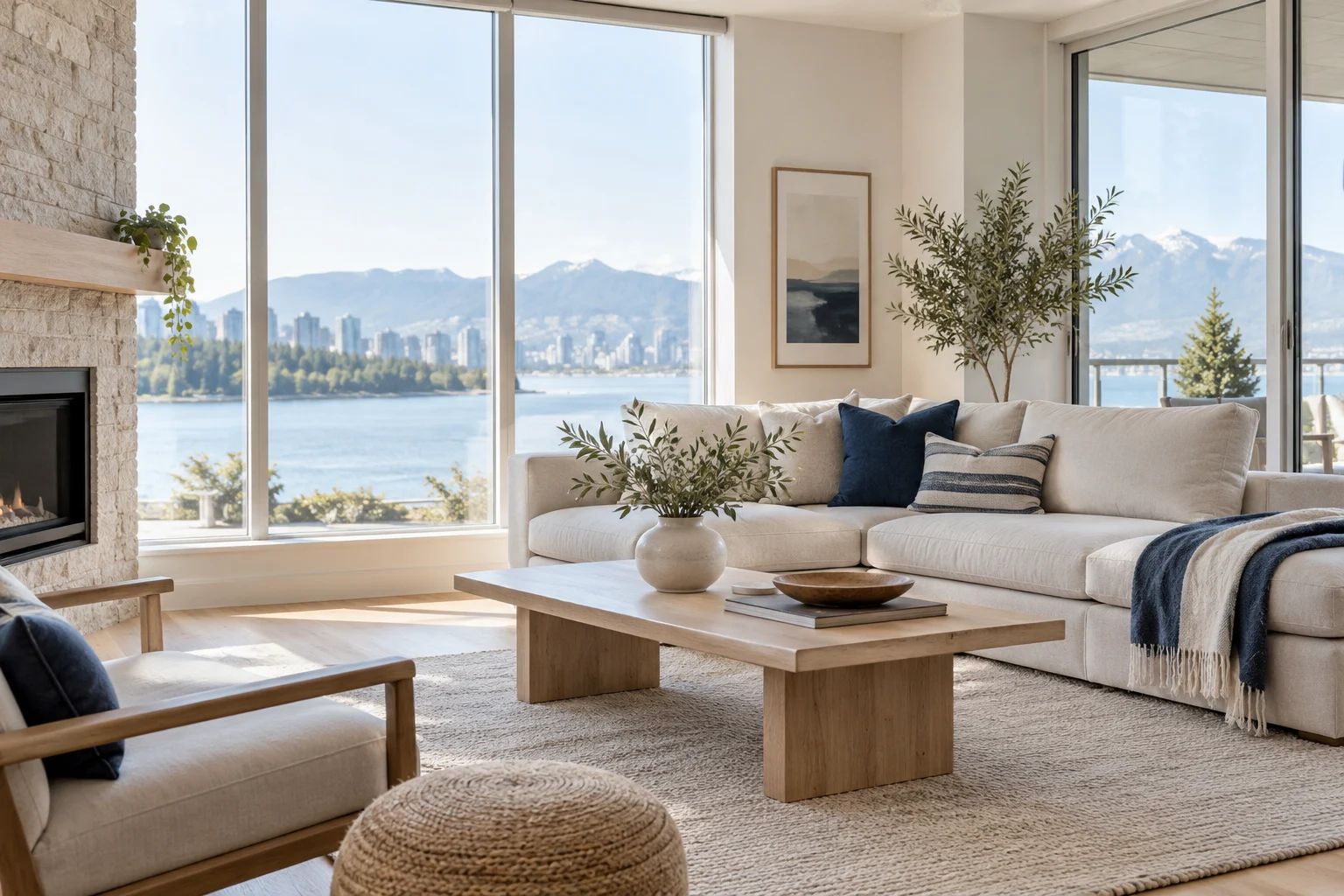 A bright, beautifully clean living room with a linen sofa, navy accents, and natural light